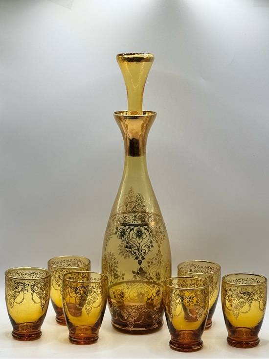 Vintage Other - Vtg Laguna Murano Art Glass Decanter Set Amber/Gold Cordial Glasses 1920s Italy